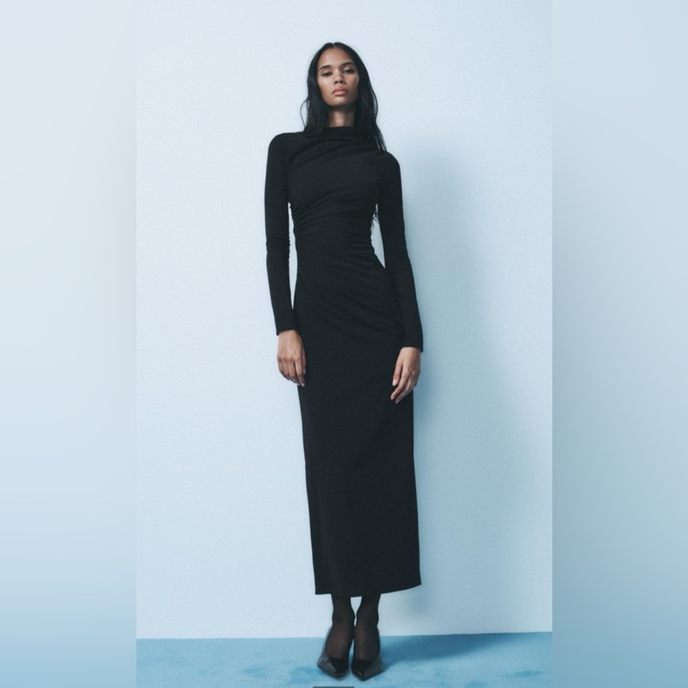 Zara Draped Elegant Black Long Sleeve Dress